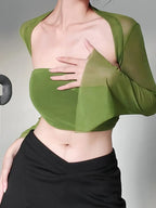 1 Set Women'S Sexy Off-Shoulder Crop Top with Long Mesh Sleeves - Solid Color Knit Fabric, Polyester, Regular Length, Spring/Fall Collection