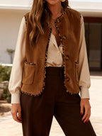 Women's Leopard Print Button-Front Sleeveless Blazer Jacket - Elegant Spring/Fall Outerwear with Open Collar, Machine Washable Coat for, Semi-Formal Events & Casual Outfits