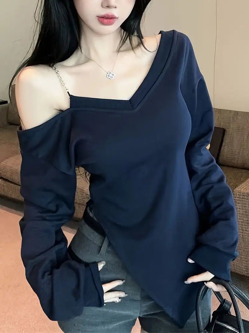 Dopamine Long-Sleeve V-Neck Top for Women, Vintage Pure Desire Sexy Off-Shoulder Asymmetrical Fitted with Pleats