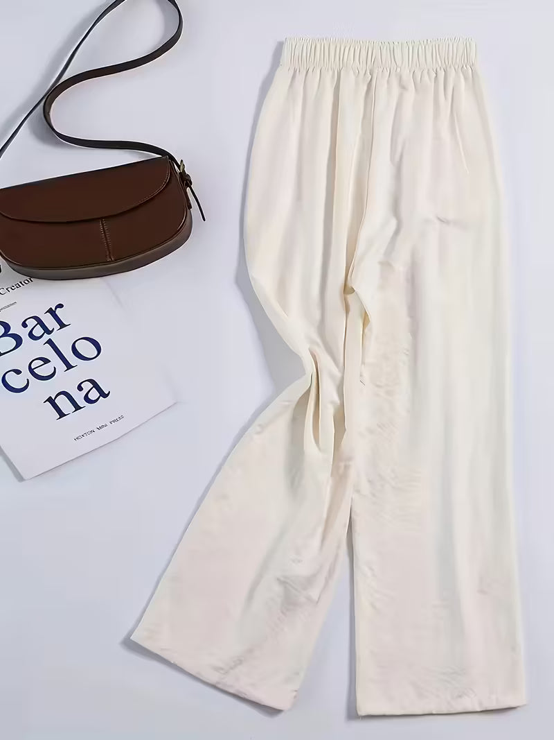 Women'S White Elegant Wide-Leg Pants - Comfortable and Stylish for Spring, Summer, and Fall, Casual Loose Fit, No Pocket Design, Perfect for Weekend Outings, Outdoor Leisure Wear | 100% Polyester Elastic Waist Adult Casual Trousers