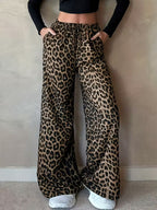 Women's Leopard Print Wide-Leg Pants | Casual All-Season Trousers with Pockets, Machine Washable & Versatile for Casual Attire