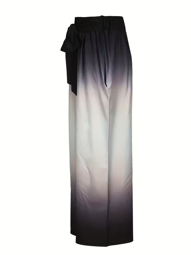 Women's Elegant Black to Gray Gradient Wide-Leg Pants with Adjustable Waistband & Pockets - Smooth Non-Stretch Fabric, All-Season Casual & Formal Trousers, Machine Washable Opaque Legwear for Work, Semi-Formal & Everyday Outfits