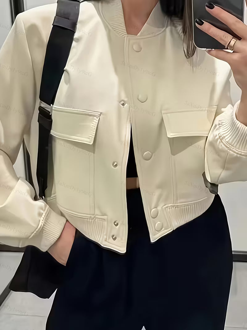 Women's Cropped Bomber Jacket | Button Varsity Shackets with Pockets