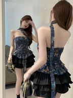 Women's French Style Halter Neck Tank Top - Delicate Butterfly Print & Romantic Ruffle Hem Sleeveless Crop Top, Sexy Streetwear Essential for Spring/Autumn, Machine Washable Regular Fit, Casual Chic Outfit | Offshoulder Fashion | Flowy Fabric Texture