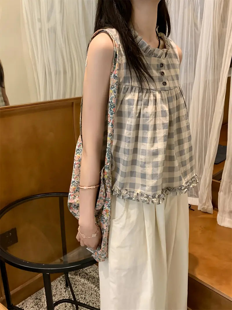 Women'S Sleeveless Blouse - Elegant Loose Fit Button-Front Shirt with Classic Checkered pattern, Non-See-Through Fabric for Casual & Formal Outfits - All-Season Everyday & Special Occasion Tops