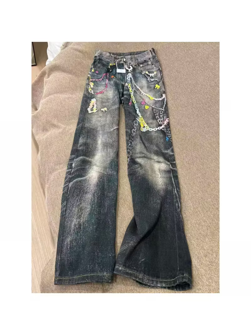 Women'S Vintage Tie-Dye Heavyweight 3D Color Chain Print Jeans - Wide-Leg Straight-Leg Mid-Rise Belted Pants with Fringe-Free Hem, All-Season Casual to Semi-Formal Wear, Non-Stretch Durable Fabric