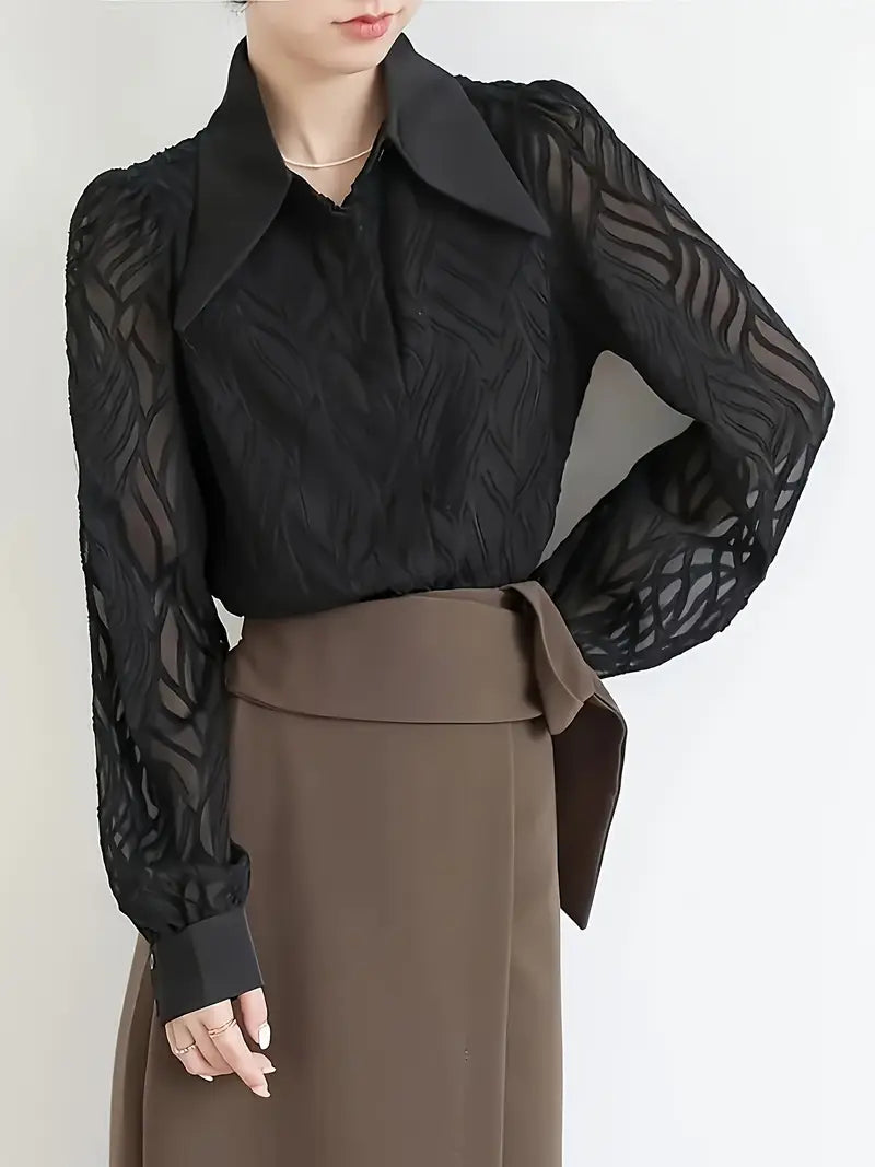 Elegant Women'S Blouse with Textured Mesh Sleeves - Chic French-Inspired Vintage Collar, Long Sleeve, Button-Up Shirt for Spring & Fall, Brown & Black Color Block Design, Spring Fashion Top | Chic French Style | Buttonup Shirt