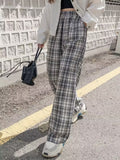 Plaid Elastic High Waist Pocket Pants, Casual Wide Leg Pants For Spring & Fall, Women's Clothing