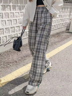 Plaid Elastic High Waist Pocket Pants, Casual Wide Leg Pants For Spring & Fall, Women's Clothing