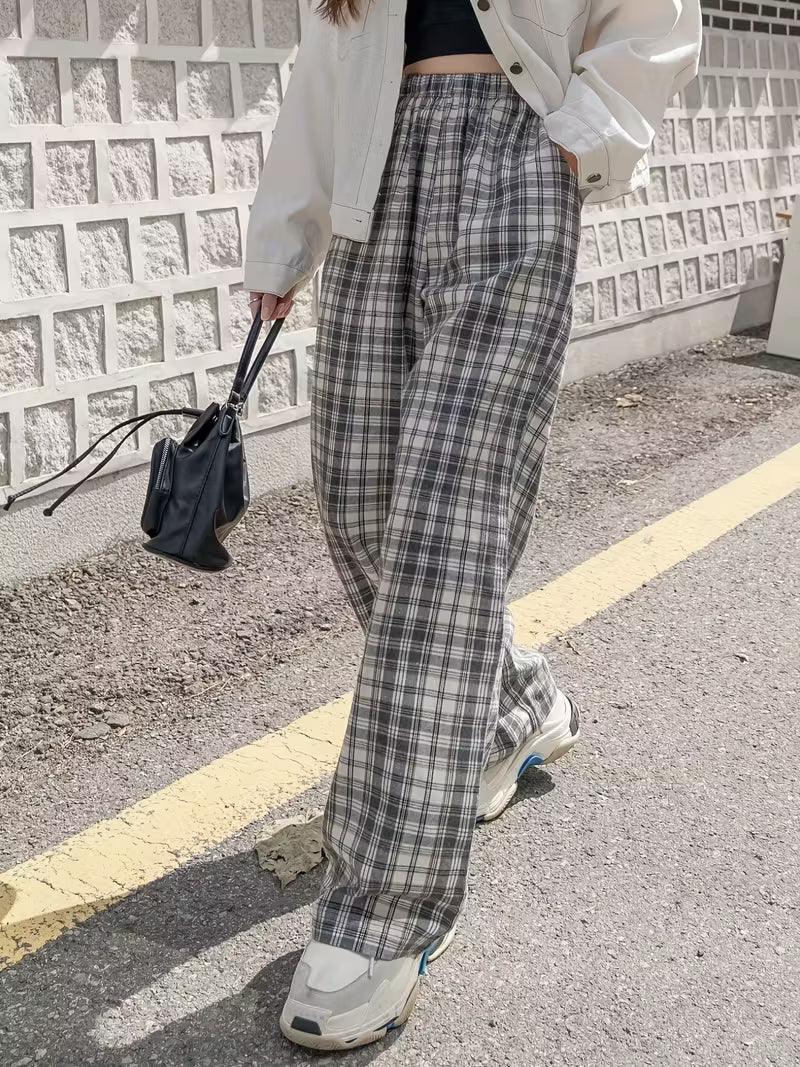 Plaid Elastic High Waist Pocket Pants, Casual Wide Leg Pants For Spring & Fall, Women's Clothing
