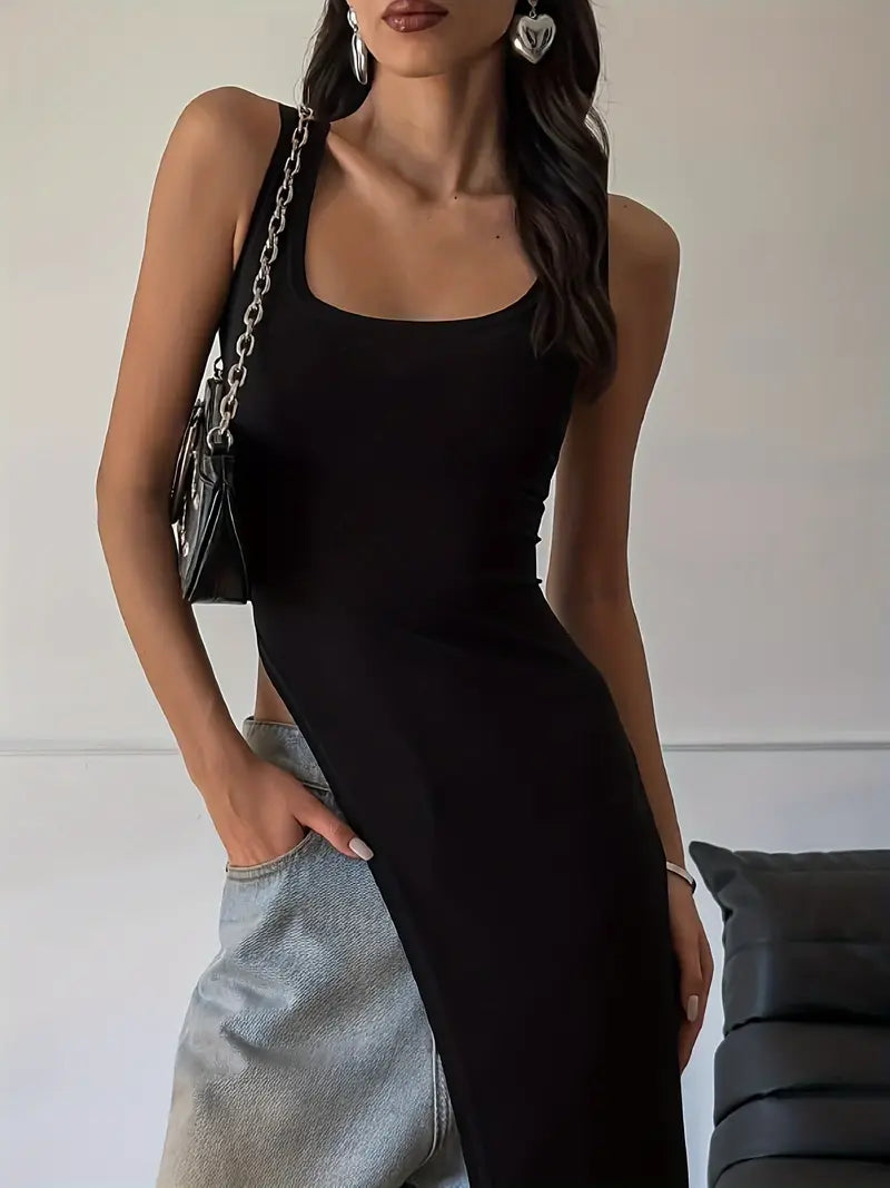 Women'S Elegant Long Tank Top - Asymmetric Hem Vest Sleeveless T-Shirt, Solid Color All-Season Versatile Top for Casual & Formal Wear