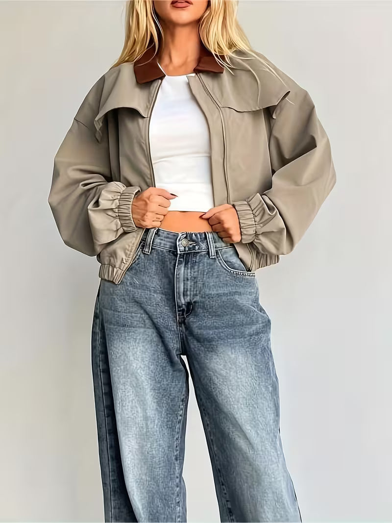 Lightweight Women's Casual Contrast Collar Short Jacket | Relaxed Fit Zip-Up Spring/Fall Coat with Pockets, Brown & White Color Block Design, Hand Washable, Breathable Material