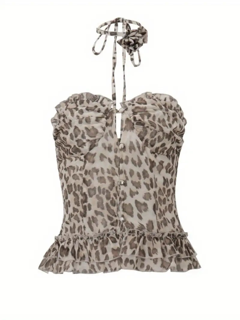 Women Summer Tube Tops Ruffles Hem Leopard Print Button Bandeau and Collar Set for Streetwear Aesthetic Grunge Clothes