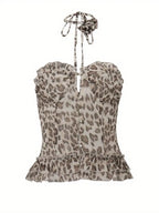 Women Summer Tube Tops Ruffles Hem Leopard Print Button Bandeau and Collar Set for Streetwear Aesthetic Grunge Clothes