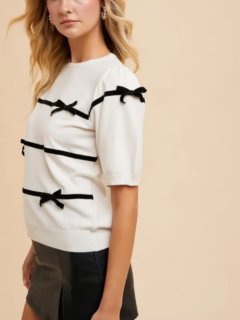 Womens Casual French Chic Bow Stripe Decorated Knit Top White Black Contrast Half Sleeve Round Neck Lightweight Elegant Spring Summer Office Work Wear Blouse