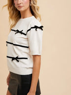 Womens Casual French Chic Bow Stripe Decorated Knit Top White Black Contrast Half Sleeve Round Neck Lightweight Elegant Spring Summer Office Work Wear Blouse