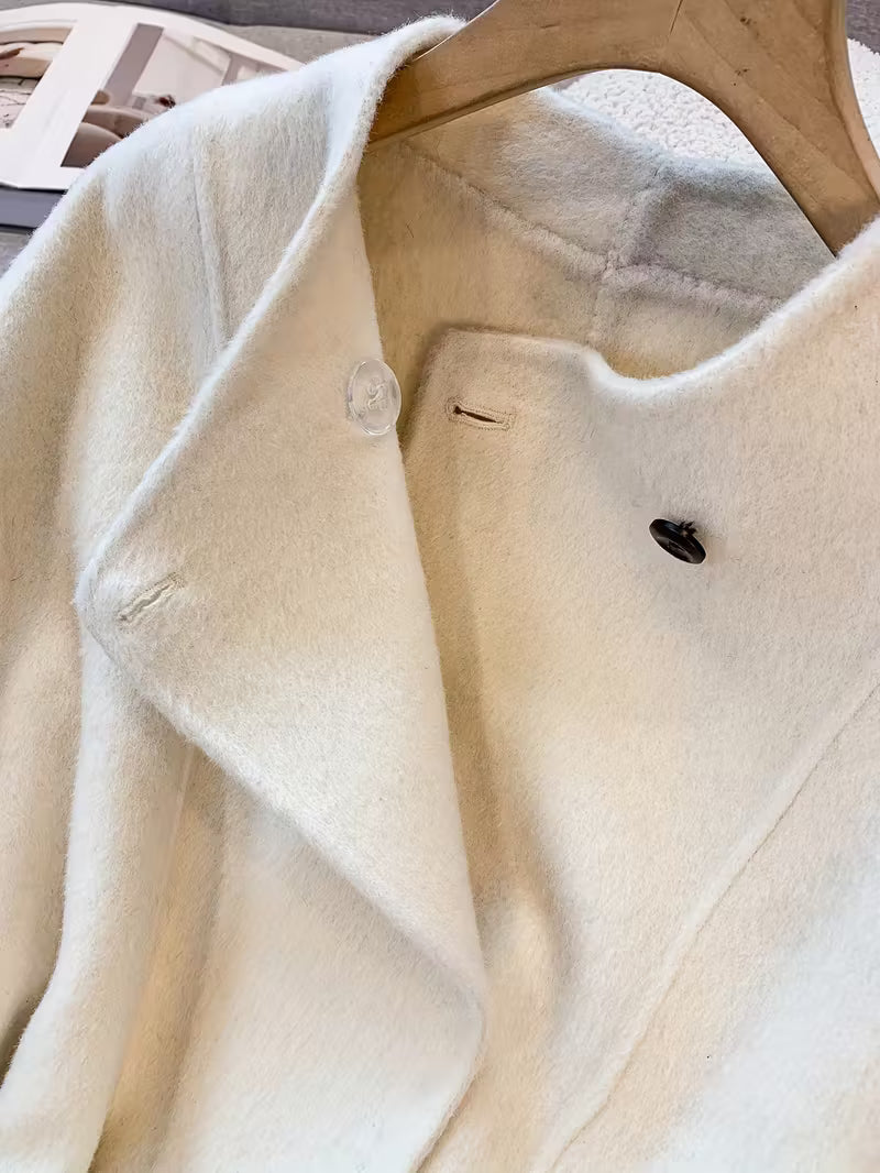 Women's Elegant Beige Winter Coat - Formal & Everyday Outerwear with Waist Belt, Structured Cold-Weather Jacket for Office, Parties, Everyday Outfits