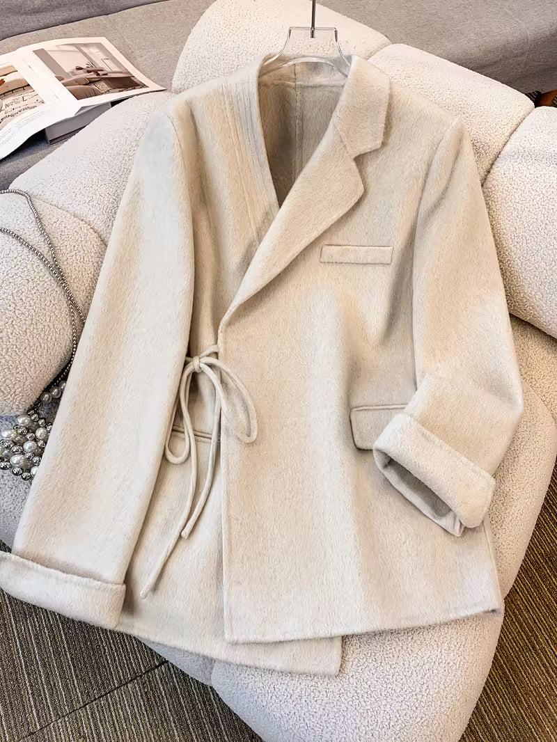 Women's Elegant White Wool Coat - Short Length Lapel Collar Tailored Winter Jacket with Belt