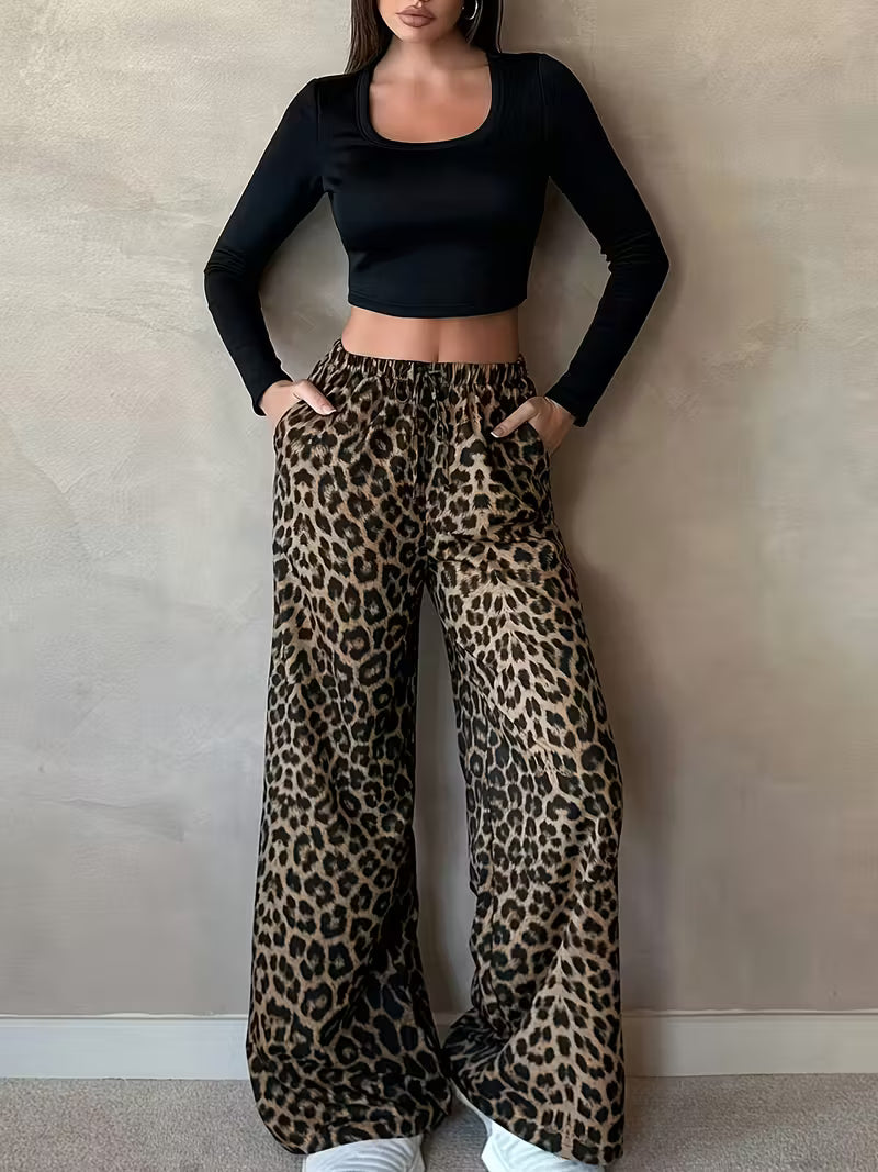 Women's Leopard Print Wide-Leg Pants | Casual All-Season Trousers with Pockets, Machine Washable & Versatile for Casual Attire