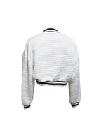 Women's Quilted Jacket with Button-Front Placket & Striped Trim - Short Casual Button-Accent Sweatshirt, Machine Washable All-Season Outerwear for Blouses/ Dresses