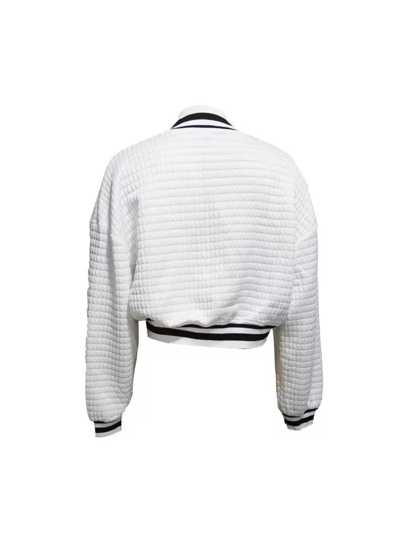 Women's Quilted Jacket with Button-Front Placket & Striped Trim - Short Casual Button-Accent Sweatshirt, Machine Washable All-Season Outerwear for Blouses/ Dresses