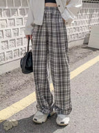 Plaid Elastic High Waist Pocket Pants, Casual Wide Leg Pants For Spring & Fall, Women's Clothing