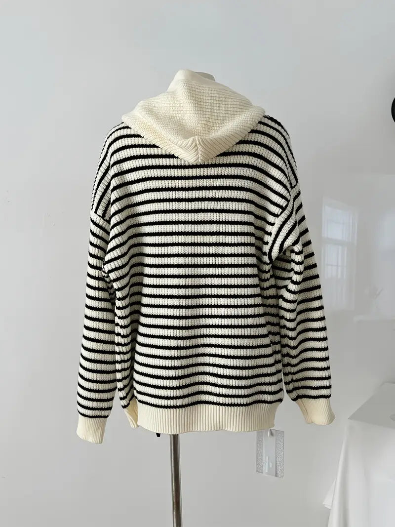 1pc Women's Oversized Striped Sweater Coat - Beige/Brown/White Horizontal Stripes Hooded Zipper Cardigan with Drawstring Collar, Relaxed Loose Fit Long Sleeve Coat for Spring & Fall, Machine Washable Casual Outerwear