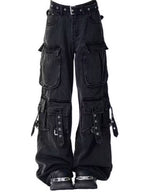 Women'S High Street Cargo Jeans - Classic Black & Design, Multi-Pocket High-Waisted Wide-Leg Fit, Loose Floor-Length Style for Streetwear & Casual Outfits, Spring/Summer Versatile Fashion Pants