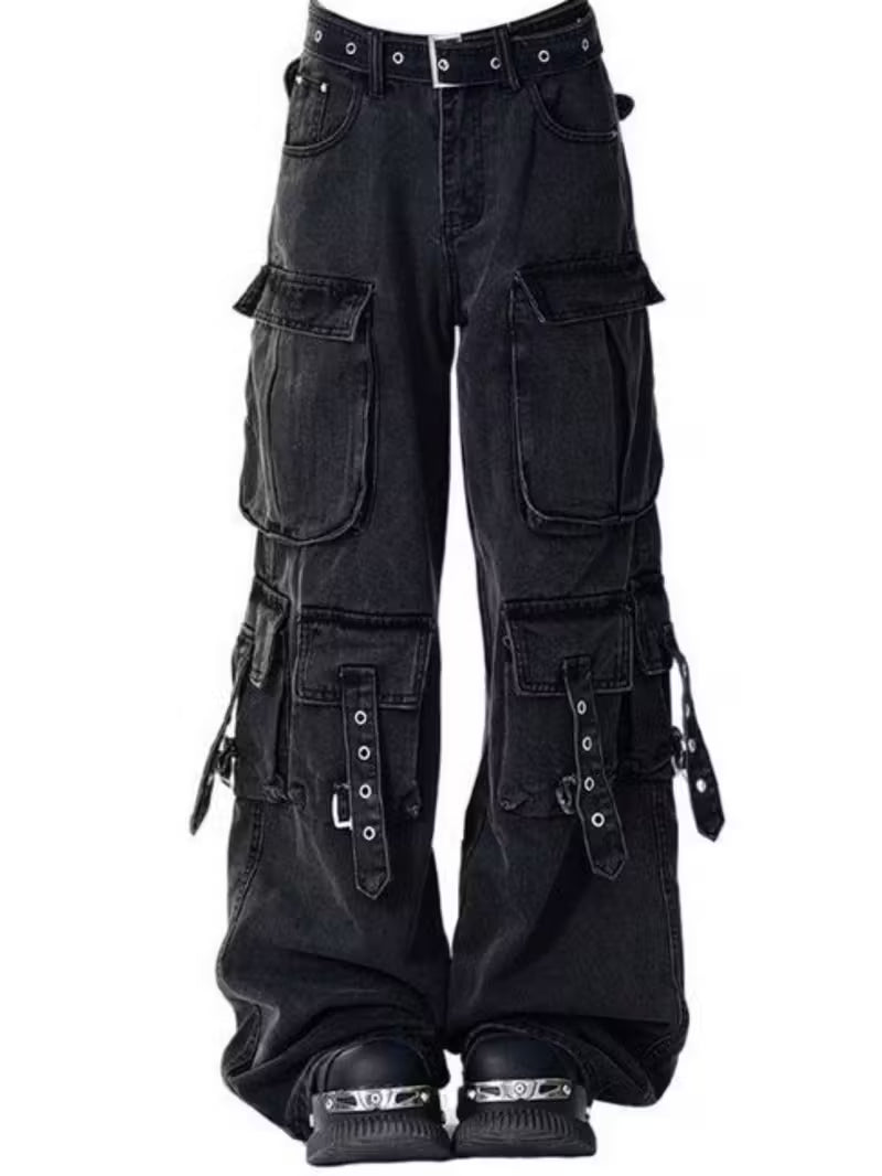 Women'S High Street Cargo Jeans - Classic Black & Design, Multi-Pocket High-Waisted Wide-Leg Fit, Loose Floor-Length Style for Streetwear & Casual Outfits, Spring/Summer Versatile Fashion Pants
