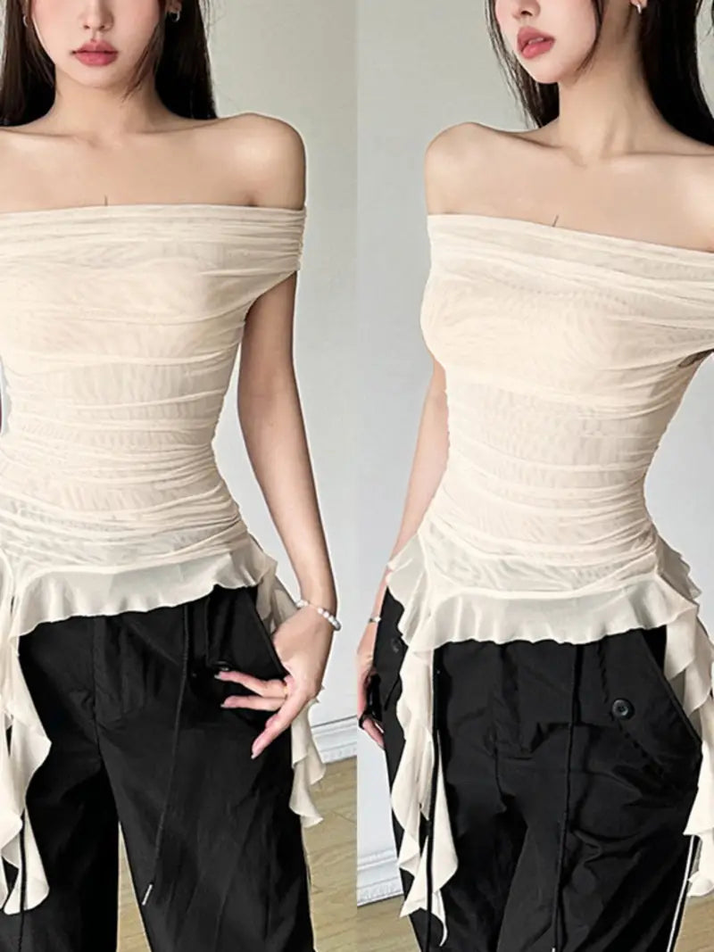 Women Off Shoulder Tops Solid Color Mesh Sheer Boat Neck Casual T-Shirts Summer Ruffles Slim Fit Shirts Streetwear