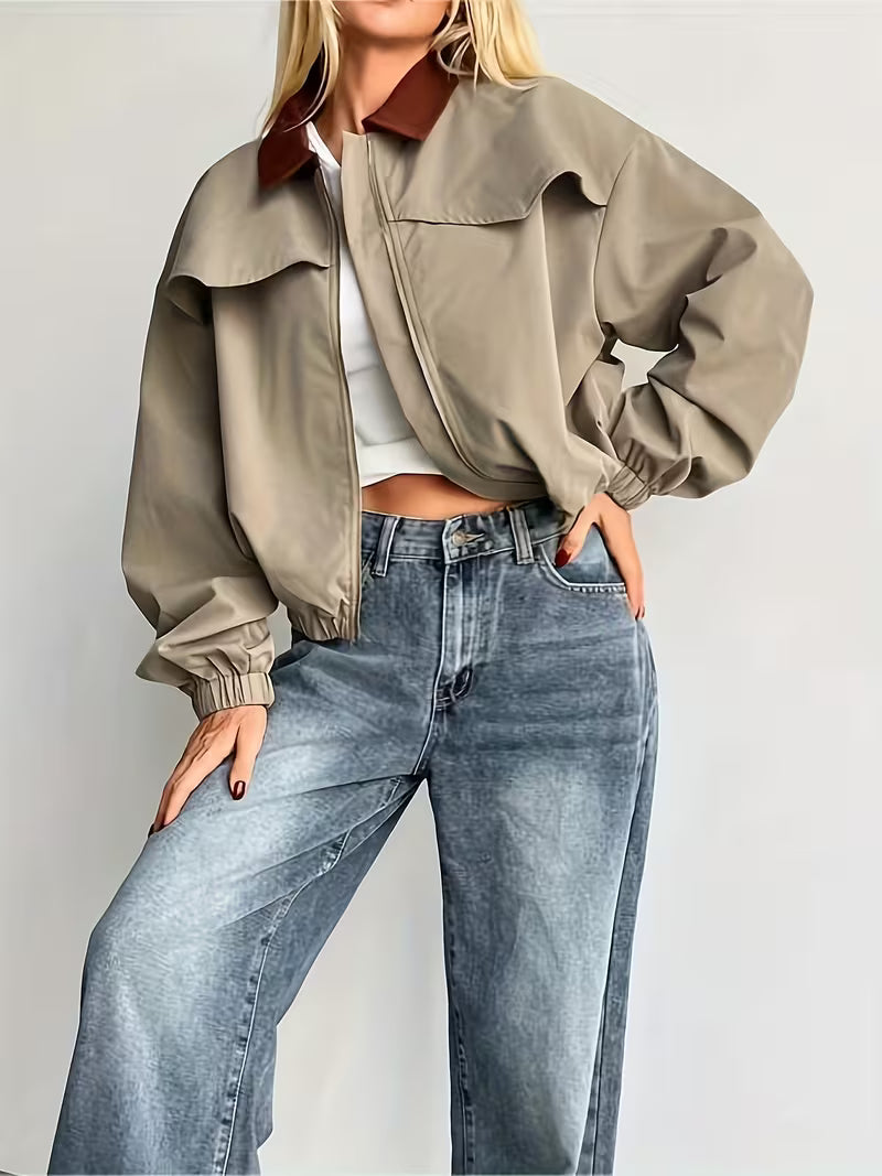 Lightweight Women's Casual Contrast Collar Short Jacket | Relaxed Fit Zip-Up Spring/Fall Coat with Pockets, Brown & White Color Block Design, Hand Washable, Breathable Material