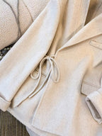 Women's Elegant White Wool Coat - Short Length Lapel Collar Tailored Winter Jacket with Belt