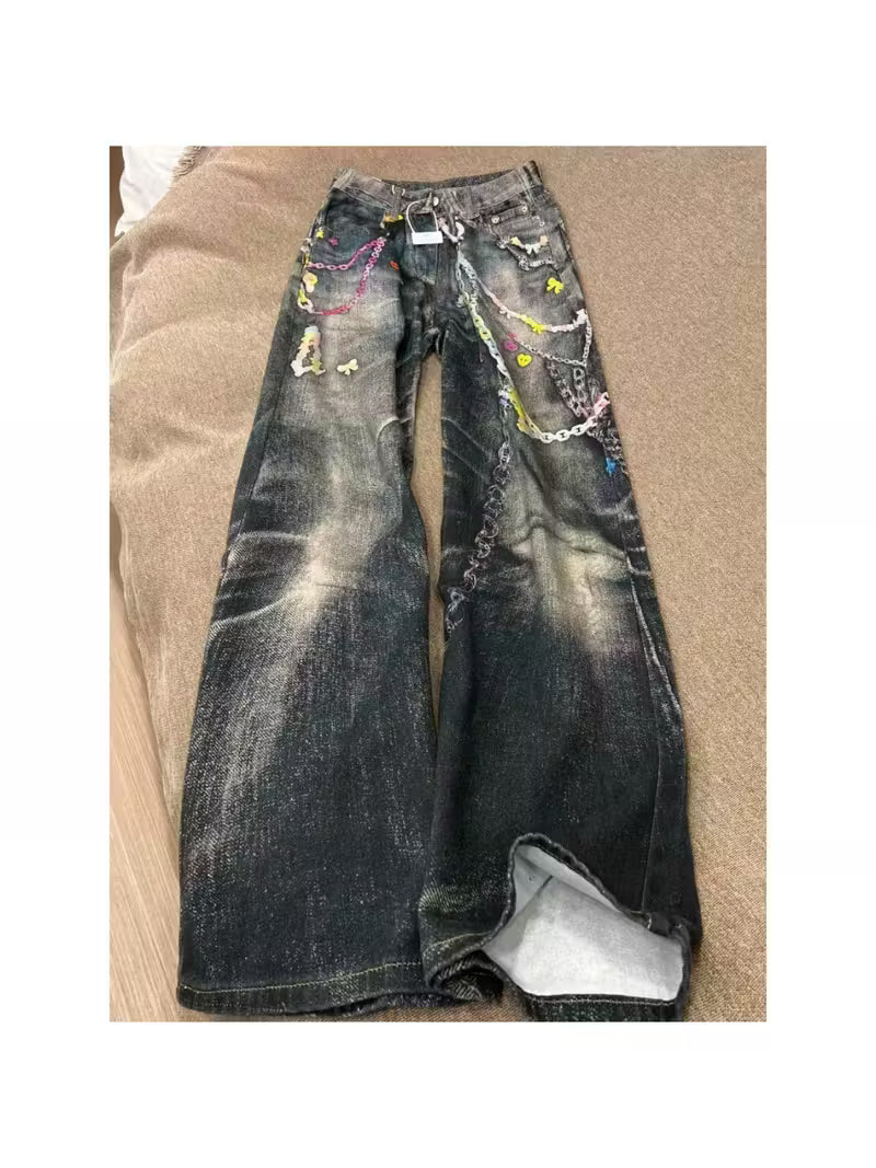 Women'S Vintage Tie-Dye Heavyweight 3D Color Chain Print Jeans - Wide-Leg Straight-Leg Mid-Rise Belted Pants with Fringe-Free Hem, All-Season Casual to Semi-Formal Wear, Non-Stretch Durable Fabric