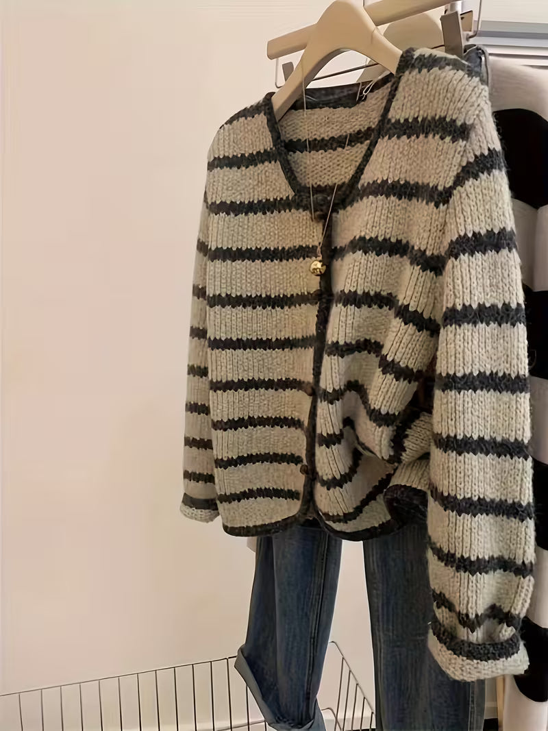Women'S Vintage Sweater cardigan - Soft Loose Fit Jacket with Front Button Closure, & Brown Horizontal Stripes, All-Season Layering Piece for Casual Formal Outfits - Easy Care Everyday Chic Outerwear