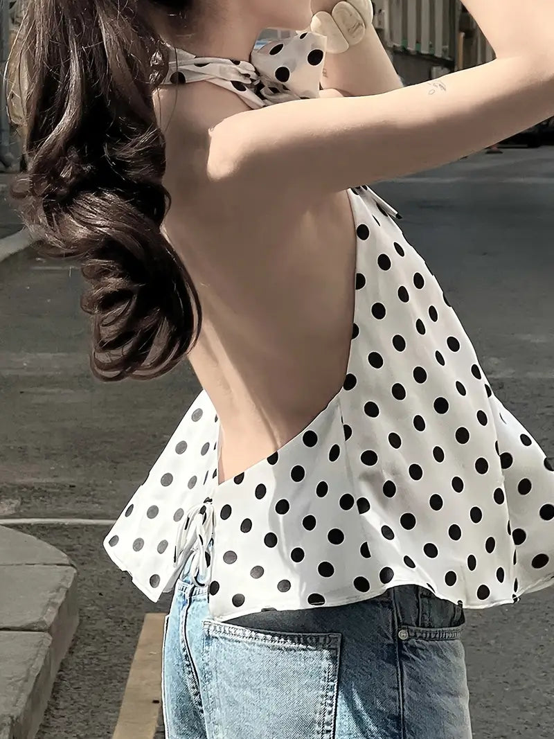 Y2K Retro Polka Dot Halter Neck Tank Top for Women - Elegant Backless Summer Casual Vest with Tie-Front Detail, Black & White Vintage Style, Perfect for Vacation or Everyday Outfits, Versatile Fashion | Vintage Halter Top | Tiefront Detailing