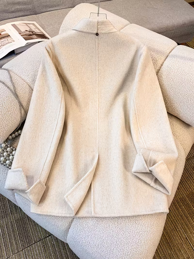 Women's Elegant White Wool Coat - Short Length Lapel Collar Tailored Winter Jacket with Belt