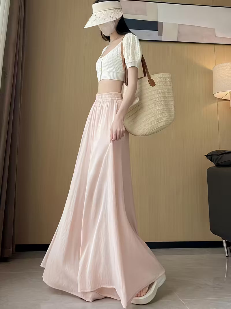 Women'S Elegant Wide-Leg Pants - Soft Pink, Loose Fit, Elastic Waist, Lightweight & Comfortable for Spring/Summer/Fall, Casual Outings & Vacations, Casual Attire|Elastic Waistband|Comfortable Fit, Plus Size Pants