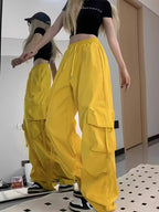 Y2K Style Women'S Cargo Pants - Stretchy Waist Wide-Leg Trousers with Large Pockets, Loose Fit Casual Outdoor & Leisure Wear, Solid Color, Versatile Trousers | Y2K Fashion Pants | Elastic Waistband Pants