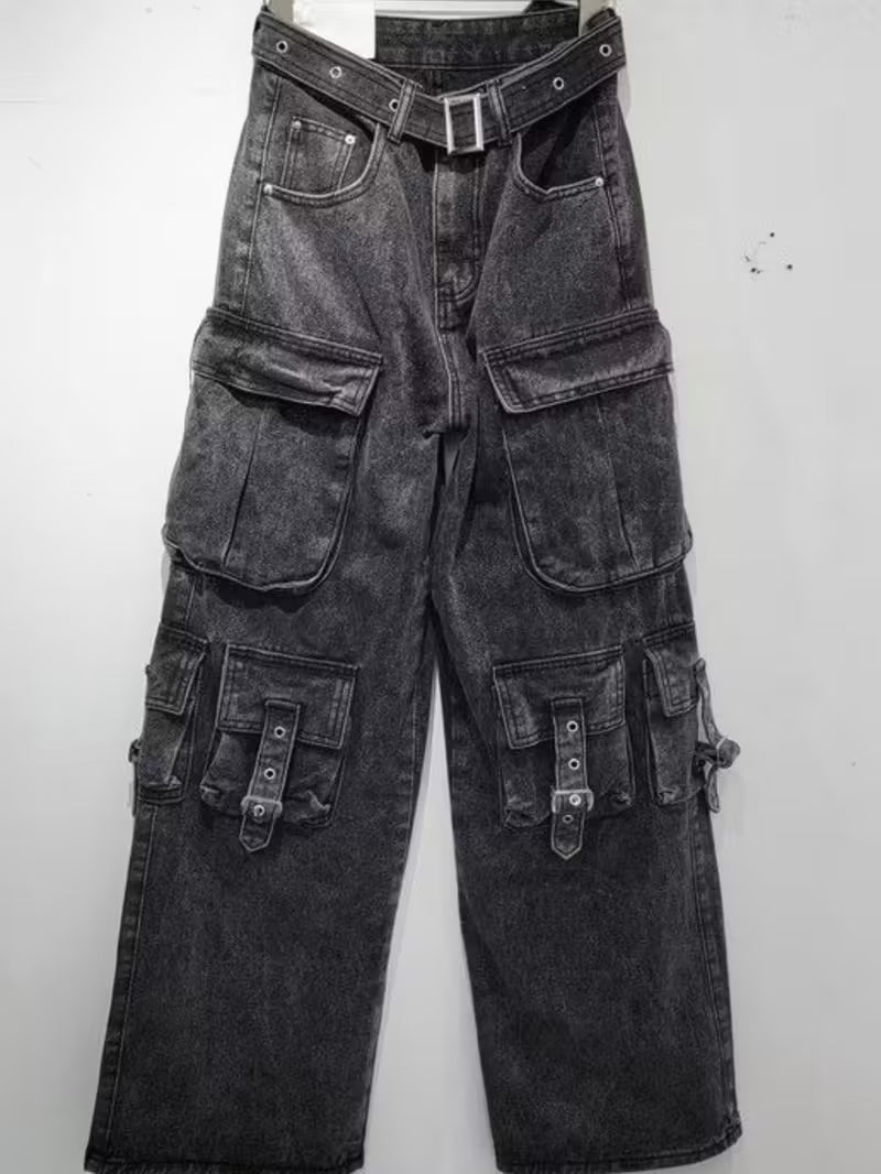 Women'S High Street Cargo Jeans - Classic Black & Design, Multi-Pocket High-Waisted Wide-Leg Fit, Loose Floor-Length Style for Streetwear & Casual Outfits, Spring/Summer Versatile Fashion Pants