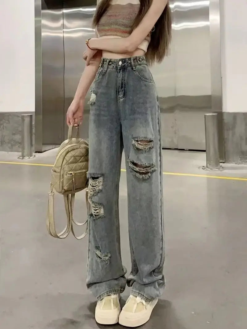 Ripped Jeans for Women Pants Design Sense Niche Extended Version Loose Wide Leg Pants
