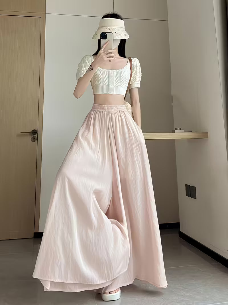 Women'S Elegant Wide-Leg Pants - Soft Pink, Loose Fit, Elastic Waist, Lightweight & Comfortable for Spring/Summer/Fall, Casual Outings & Vacations, Casual Attire|Elastic Waistband|Comfortable Fit, Plus Size Pants