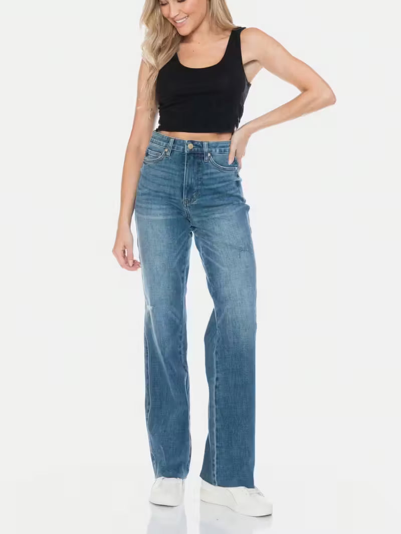 Women's Casual Straight Jeans Retro Tummy Control Denim Pants Medium Wash High-Rise Full-Length Distressed Detailing Button And Zip Closure Five-Pocket Design Relaxed Fit Perfect For All-Seasons Evertday Wear Outings Travel Weekend Looks