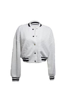 Women's Quilted Jacket with Button-Front Placket & Striped Trim - Short Casual Button-Accent Sweatshirt, Machine Washable All-Season Outerwear for Blouses/ Dresses