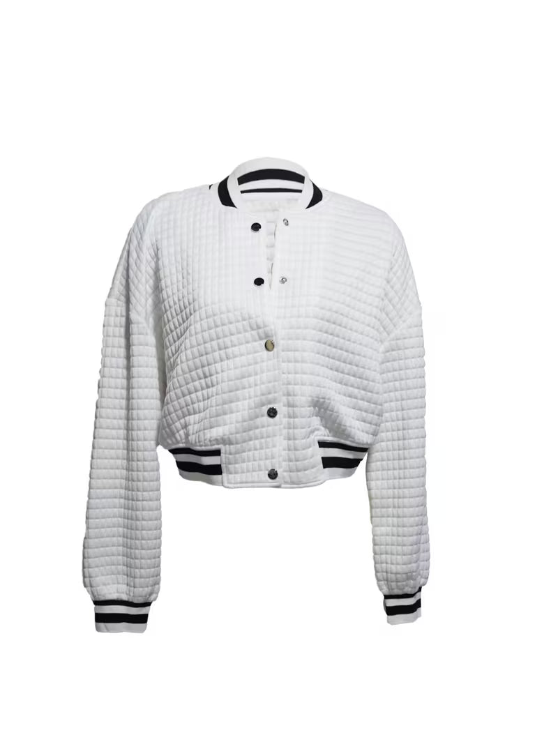 Women's Quilted Jacket with Button-Front Placket & Striped Trim - Short Casual Button-Accent Sweatshirt, Machine Washable All-Season Outerwear for Blouses/ Dresses