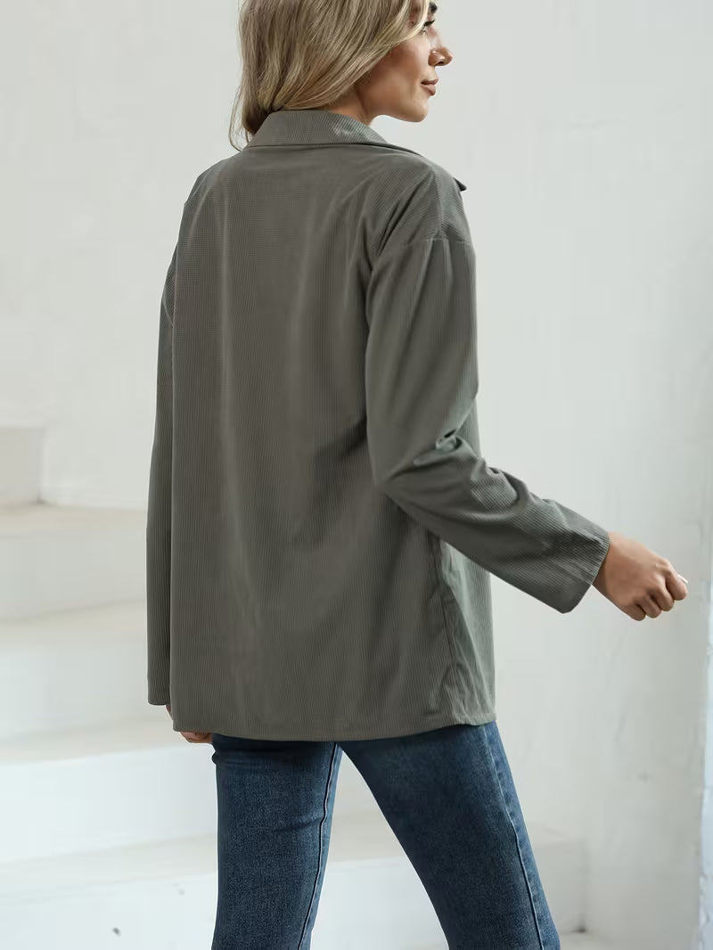 Solid Color Single Breasted Corduroy Jacket, Elegant Long Sleeve Jacket For Spring & Fall, Women's Clothing