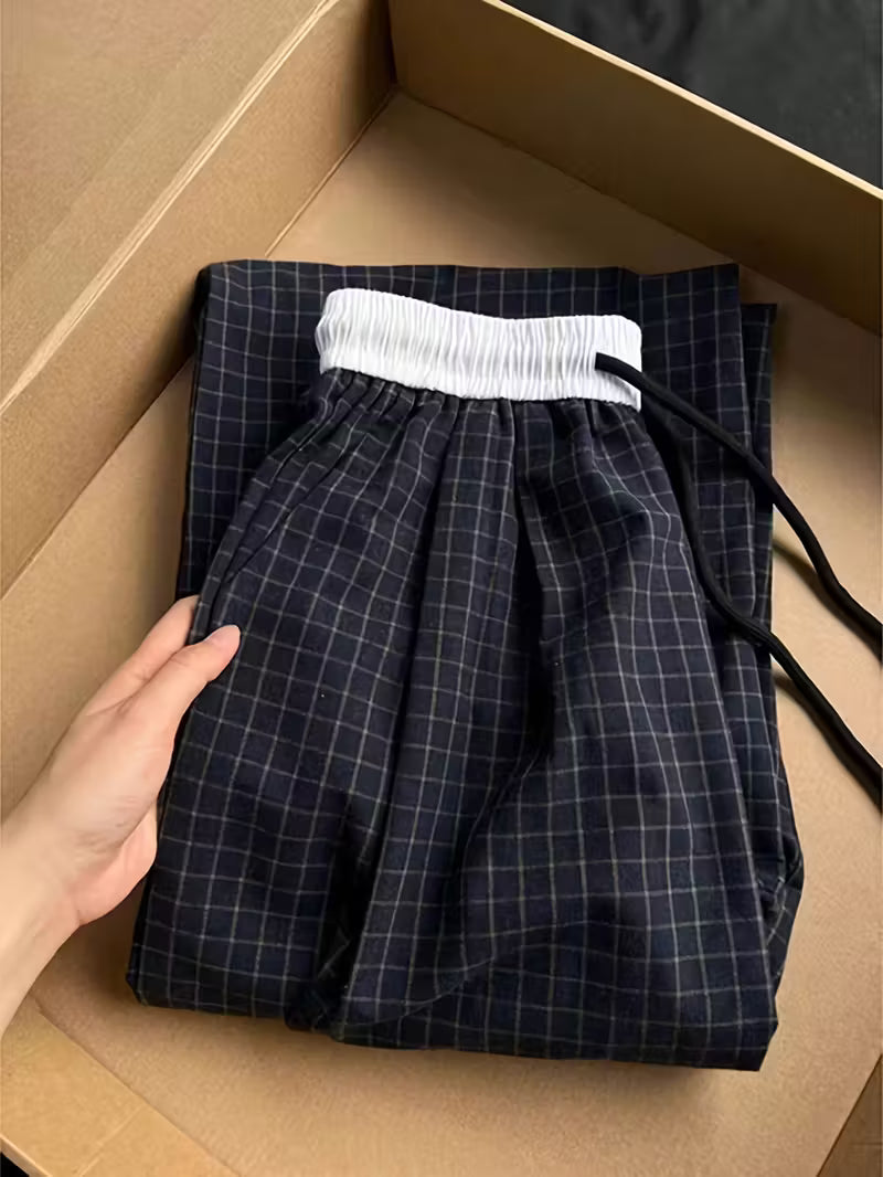 Women's Non-Stretch Pants - Elegant Casual Trousers with Drawstring Waist, Navy & Black Grid Pattern for Everyday Formal Outfits - Machine Washable Non-Stretchy Leg Pants, Summer Leisurewear, Smooth Texture Fabric