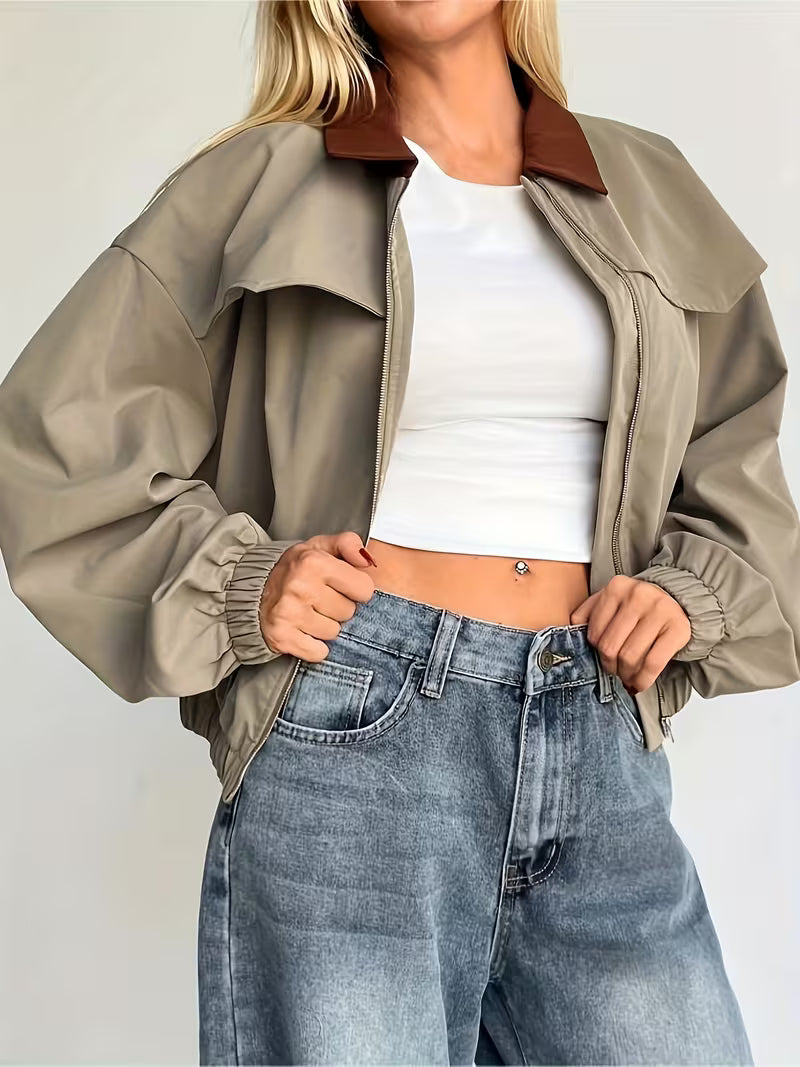 Lightweight Women's Casual Contrast Collar Short Jacket | Relaxed Fit Zip-Up Spring/Fall Coat with Pockets, Brown & White Color Block Design, Hand Washable, Breathable Material