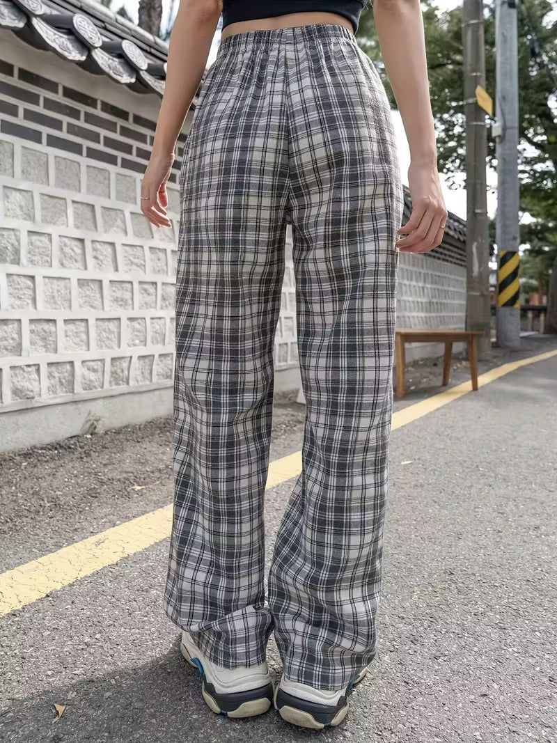 Plaid Elastic High Waist Pocket Pants, Casual Wide Leg Pants For Spring & Fall, Women's Clothing