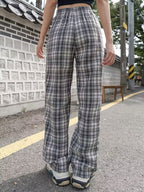 Plaid Elastic High Waist Pocket Pants, Casual Wide Leg Pants For Spring & Fall, Women's Clothing
