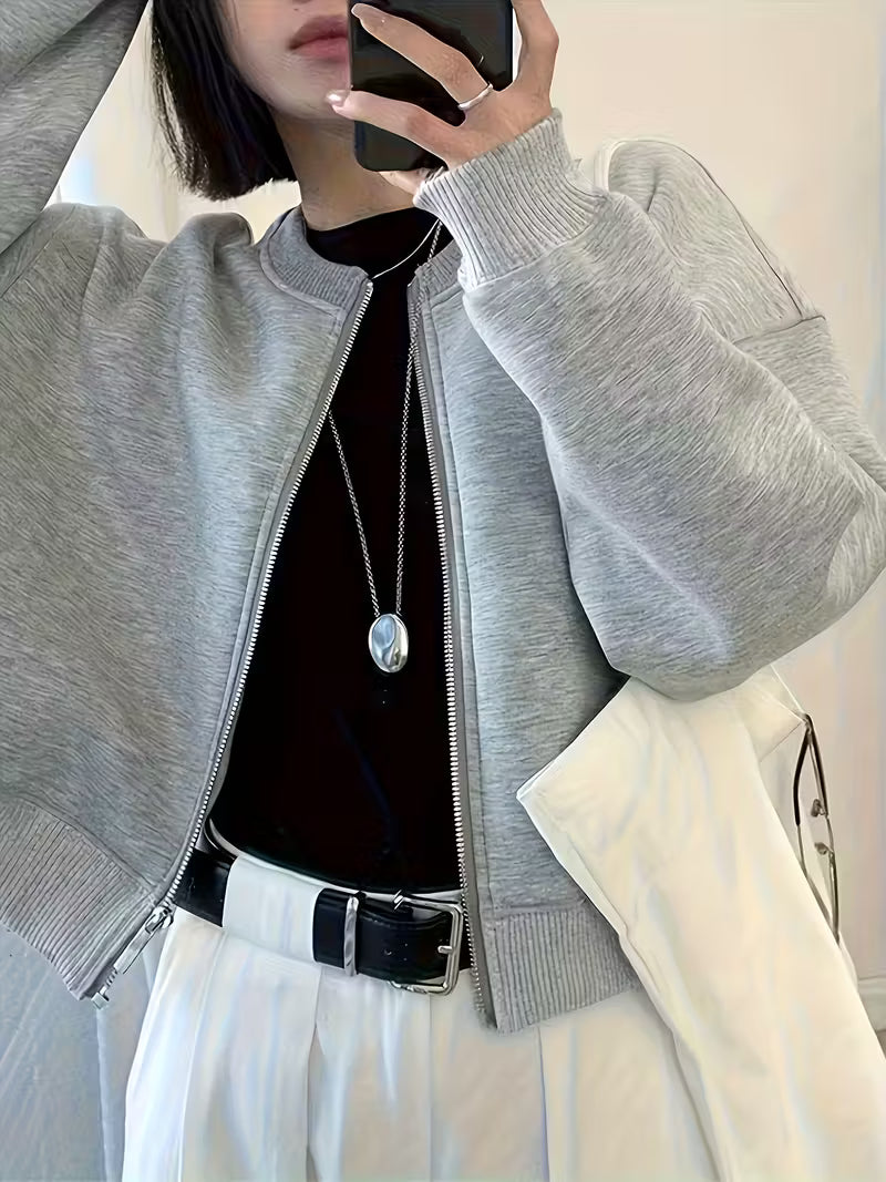 Women's Casual Elegant Gray Cropped Baseball Jacket | Long Sleeve, Button-Up Front, Pockets, All-Season Wear, Perfect for Casual Attire, Structured Design